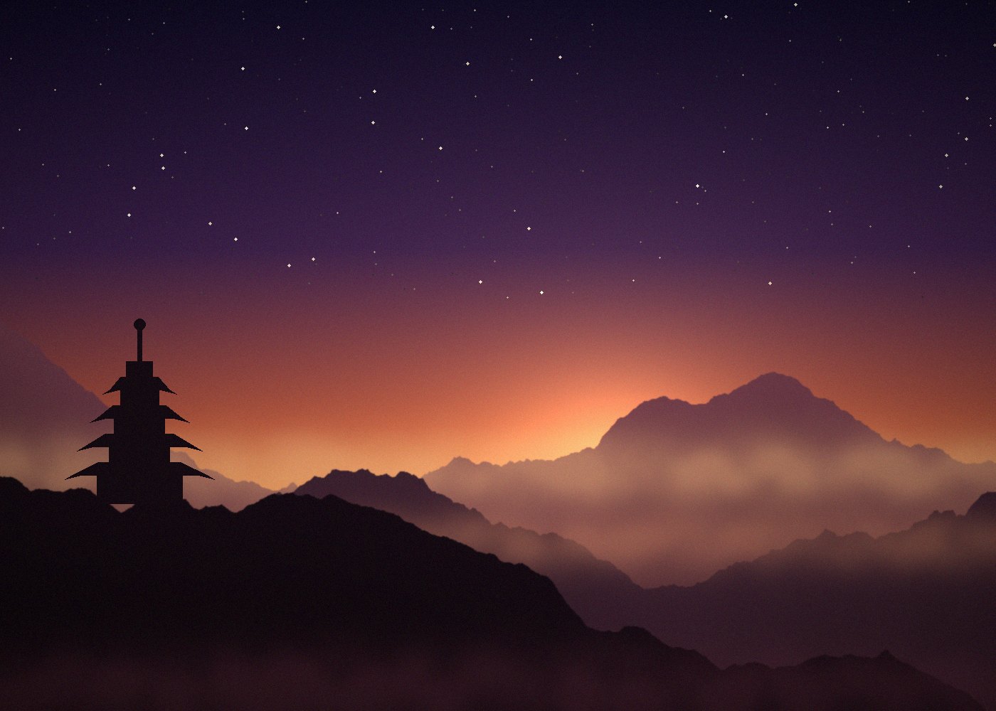 Pagoda silhouette at pre-dawn in the mountains
