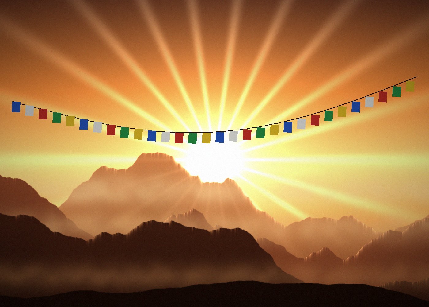 Golden sunrise with prayer flags over mountain ridges