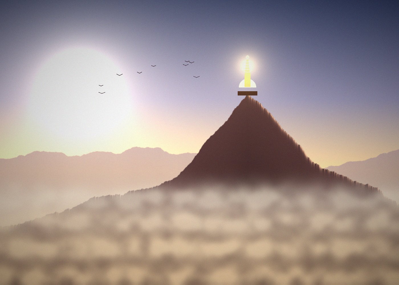 A golden stupa on a lone peak above a sea of clouds