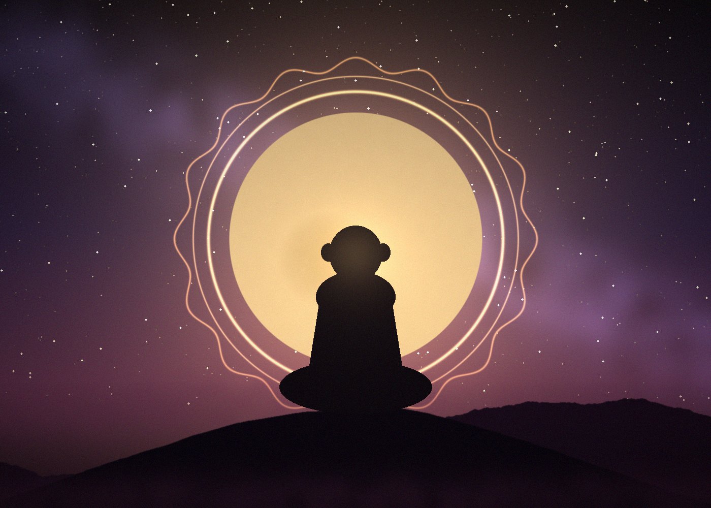 Meditating ape silhouette in front of a giant golden moon